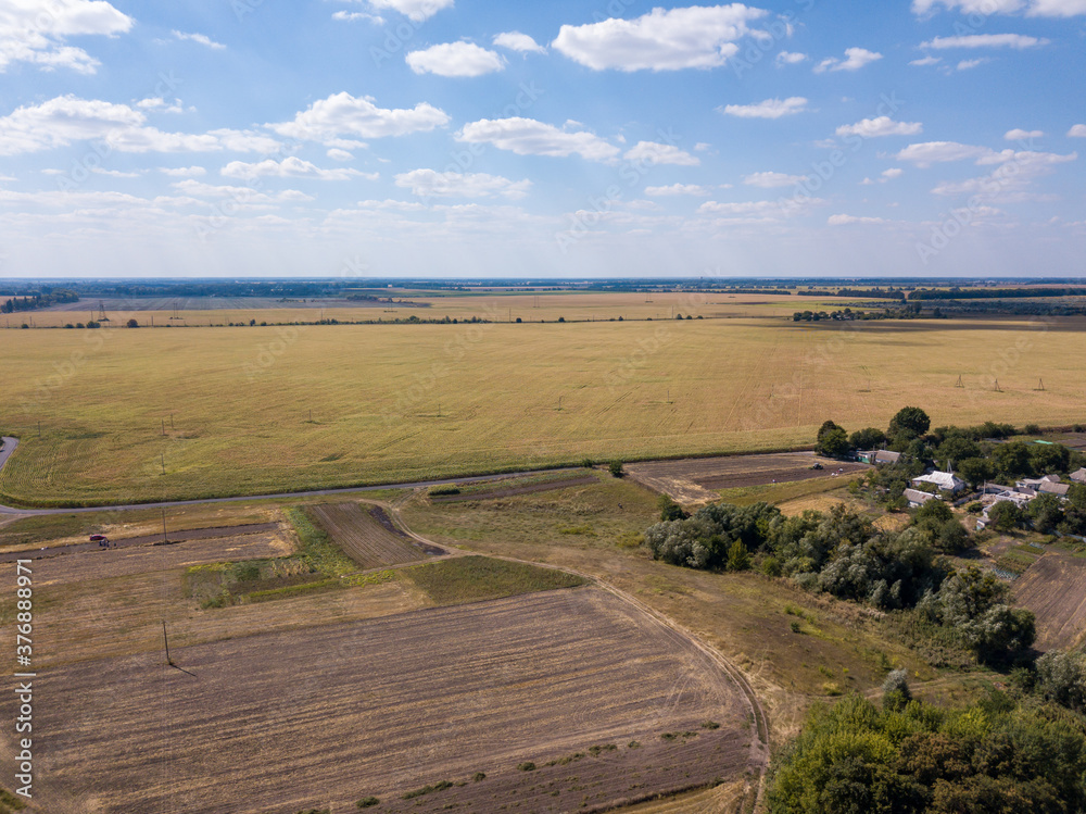 Aerial drone view. Agricultural fields in Ukraine.
