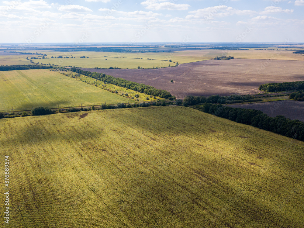 Aerial drone view. Agricultural fields in Ukraine.
