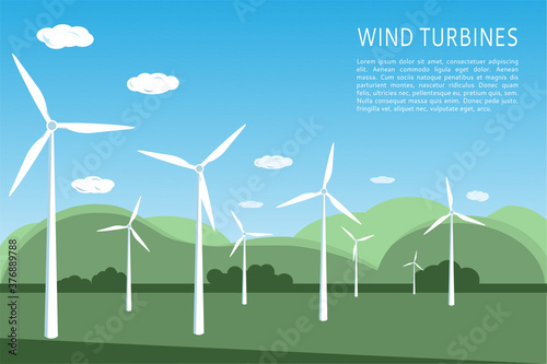 Ecological background with with wind turbines, green hills and blue sky. Wind farm landscape banner for presentations, websites, infographics. Modern flat style. Vector. Space for text