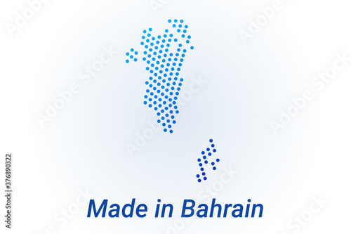 Map icon of Bahrain. Vector logo illustration with text Made in Bahrain. Blue halftone dots background. Round pixels. Modern digital graphic design.