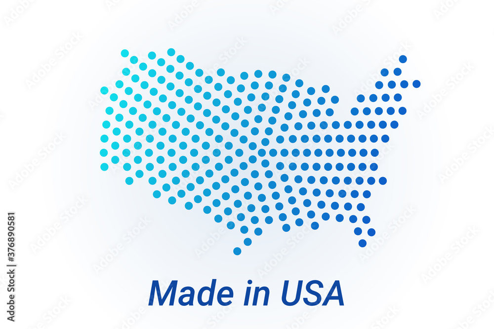 Map icon of United States. Vector logo illustration with text Made in United States. Blue halftone dots background. Round pixels. Modern digital graphic design
