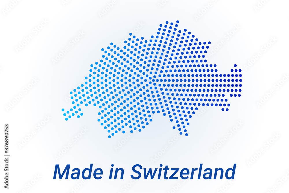 Map icon of Switzerland. Vector logo illustration with text Made in Switzerland. Blue halftone dots background. Round pixels. Modern digital graphic design.