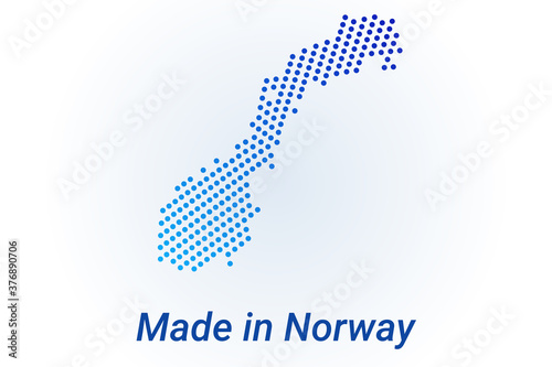 Map icon of Norway. Vector logo illustration with text Made in Norway. Blue halftone dots background. Round pixels. Modern digital graphic design.
