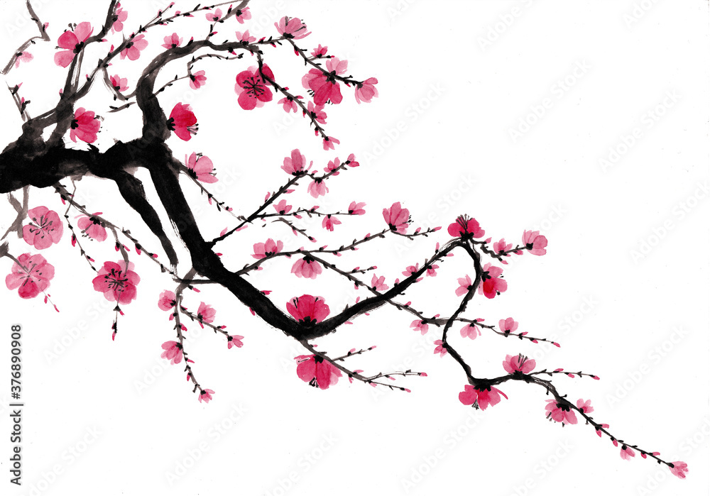 Japanese style blooming tree branch painting