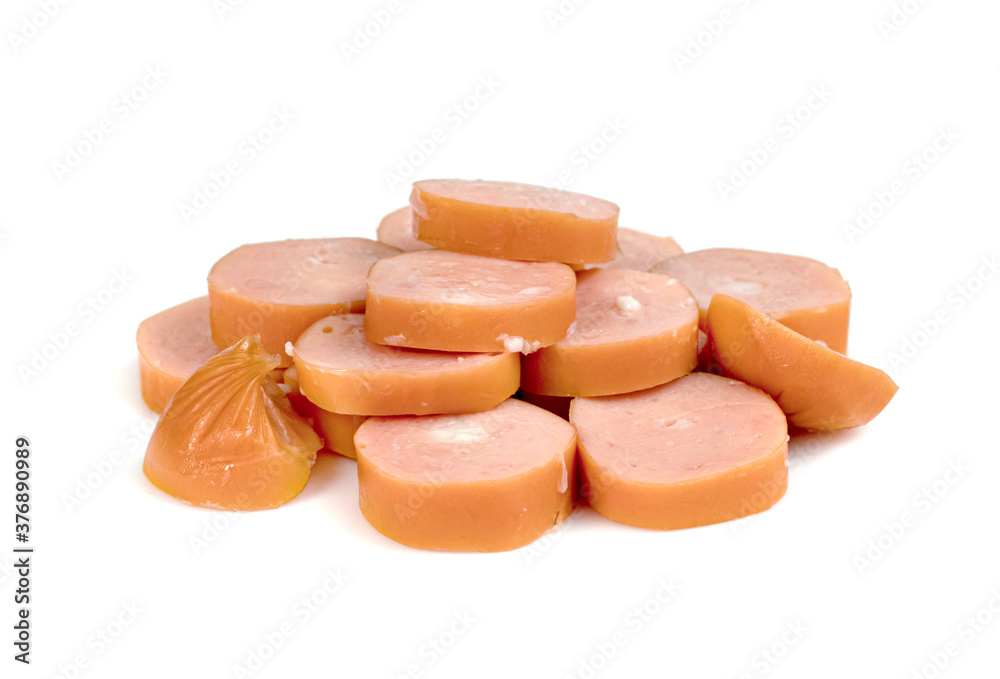 Sausage cheese sliced isolated on white background Sausage cheese sliced isolated on white background