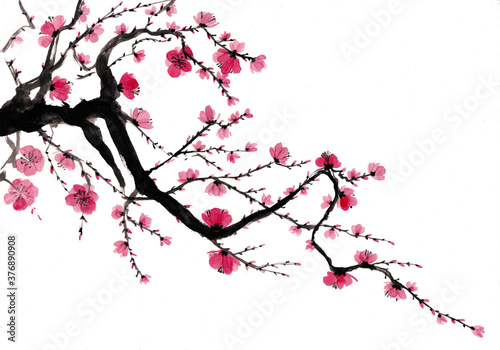 Japanese style blooming tree branch painting photo