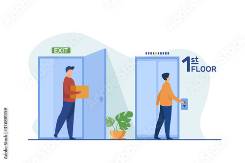People standing on first floor and calling elevator. Hall, courier, dweller flat vector illustration. Building interior and facilities concept for banner, website design or landing web page