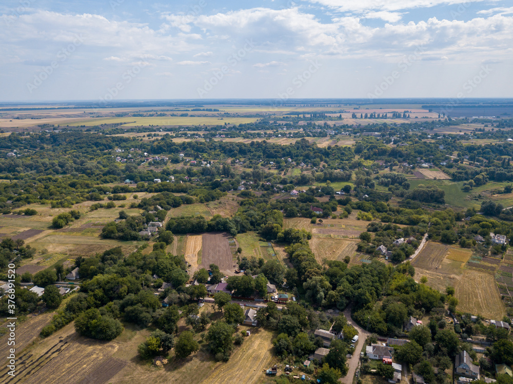 Agricultural village in Ukraine. Aerial drone view.