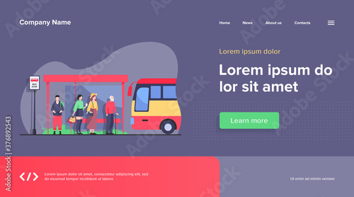 Passengers waiting for public transport at bus stop flat vector illustration. Cartoon characters using auto. Transportation and conveyance concept.