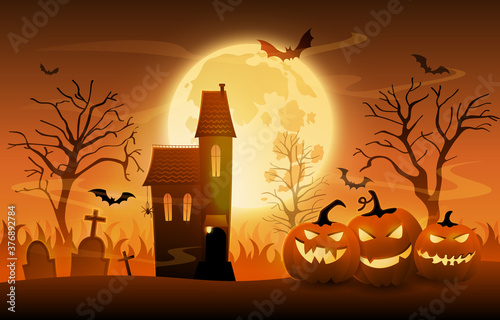 Dark graveyard with creepy pumpkins and haunted house on Halloween night full bloody moon, sunset background, cartoon vector ilustration