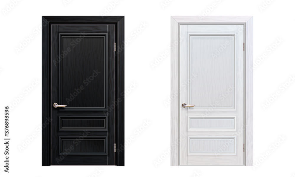 black and white classic framed molded entry wooden doors isolated on white background. realistic 3d vector illustration black and white classic framed molded entry wooden doors isolated on white background. realistic 3d vector illustration