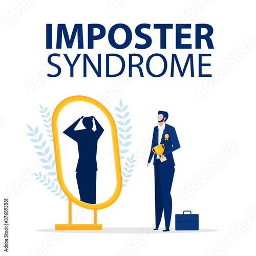 Imposter syndrome.businessman standing with mirror and seeing themselves as shadow behind. Anxiety and lack of self confidence at work,  vector illustration.