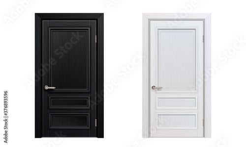 black and white classic framed molded entry wooden doors isolated on white background. realistic 3d vector illustration