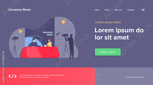 TV show shooting with film crew and backstage. News anchors talking to each other, posing for camera in studio. Vector illustration for breaking news, broadcasting, reporters concept