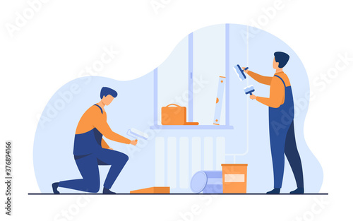 Renovation workers repairing apartment. Repairmen in overalls decorating and painting walls. Vector illustration for excursion, people and culture concept