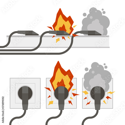 Fire wiring. Electric circuit of cable with fire, smoke, sparks. Set of sockets with cords. Socket and plug on fire from overload. Short circuit electrical circuit. Broken electrical connection.Vector