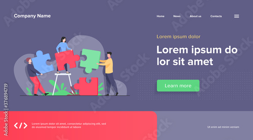 Partners holding big jigsaw puzzle pieces flat vector illustration. Successful partnership, communication and collaboration metaphor. Teamwork and business cooperation concept.