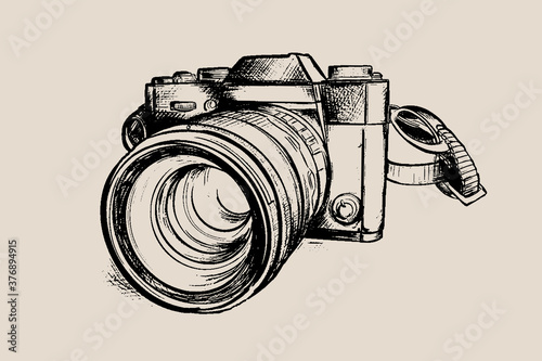 retro camera in modern style, sketch illustration hand drawing engraving, doodle lines, vector image system camera