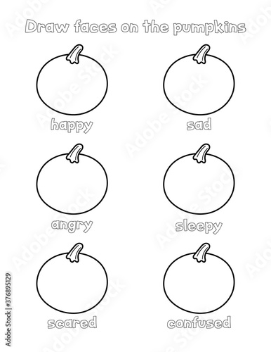 Halloween worksheet for children. Draw faces on the pumpkins. Creative educational game. Coloring page.