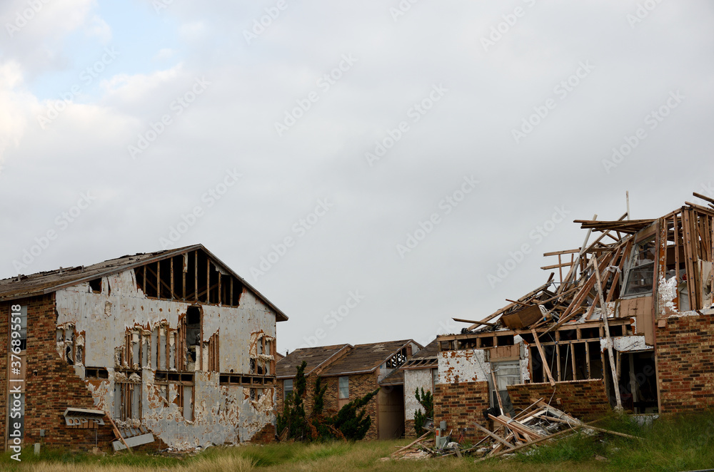 Hurricane Harvey major wind damage and destruction to brick and wood housing complex in Rockport, Texas
