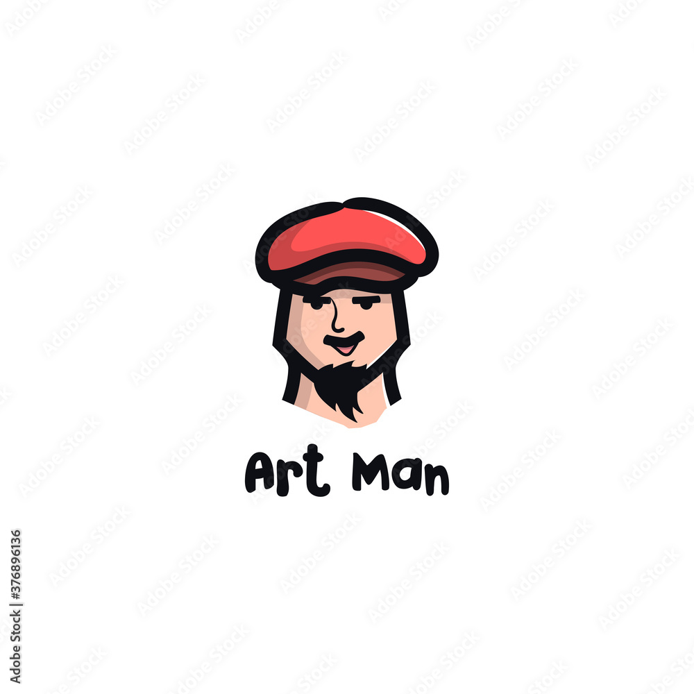 vector illustration of a man's face with a hat, mustache, beard, and thick eyebrows.