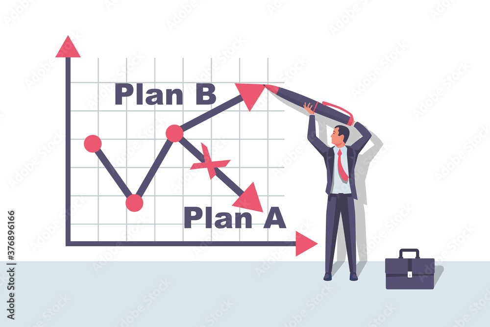 Plan A and plan B on financial chart. Graph on blackboard. Businessman passes to second option. Vector illustration flat design. Up and down arrow as symbol of success solution and failure. Plan A and plan B on financial chart. Graph on blackboard. Businessman passes to second option. Vector illustration flat design. Up and down arrow as symbol of success solution and failure.