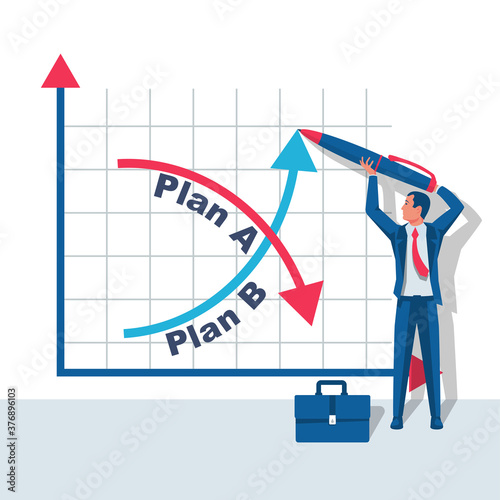 Plan A and plan B on financial chart. Graph on blackboard. Businessman passes to second option. Vector illustration flat design. Up and down arrow as symbol of success solution and failure.