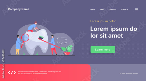 Team of dentists taking care of teeth. Small doctors examining, treating, cleaning, brushing big tooth. Vector illustration for cavity, caries, dental care, stomatology concept