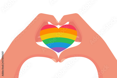 Gay couple in love. Rainbow colored heart as a symbol of pride. Equality for same-sex couples. Demonstrating a gesture with the hands of love. Vector illustration flat design. Isolated on background.