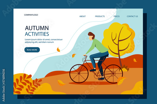 Cyclist-an athlete on a Bicycle. Landing page template. Man riding a bicycle in the park in autumn. Vector illustration in flat style.