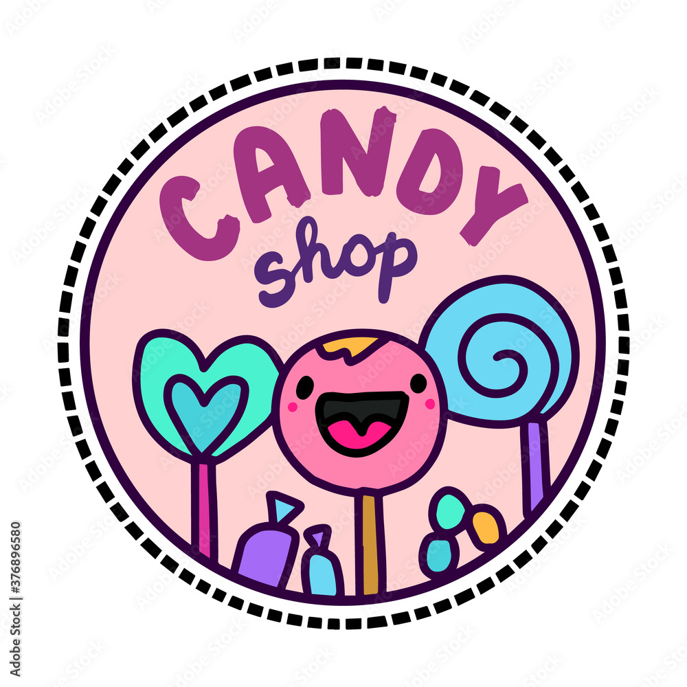 Obraz premium Candy shop hand drawn vector illustration in cartoon doodle style