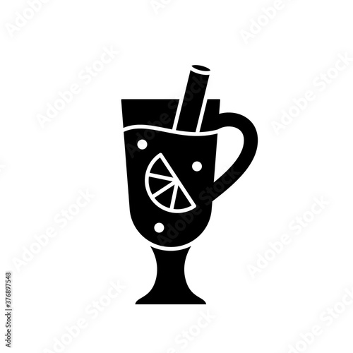 Silhouette glass of mulled wine with spices. Outline icon of drink with cinnamon stick, orange slice. Black illustration of warming winter beverage. Flat isolated vector pictogram, white background