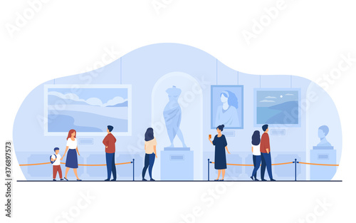 Museum visitors walking in art gallery. Tourists enjoying exposition, admiring artworks at exhibition. Vector illustration for excursion, people and culture concept.