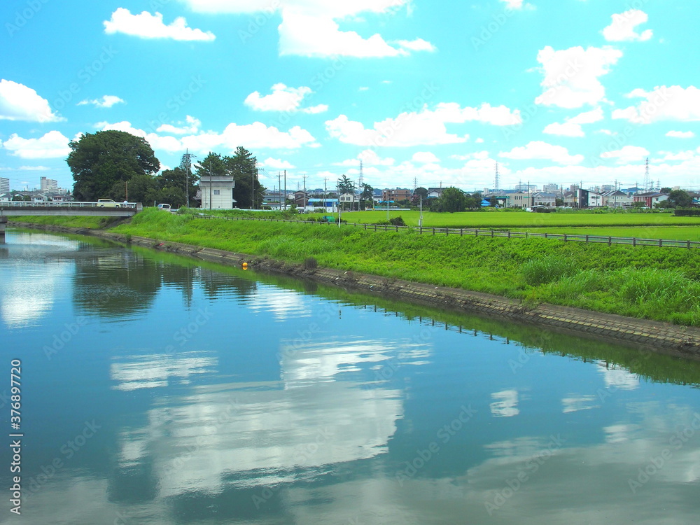 Fototapeta premium 真夏の郊外の放水路風景