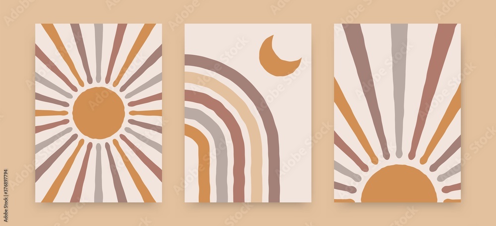 Abstract sun rainbow posters. Boho contemporary backgrounds, beige covers trendy mid century style. Geometric vector wall decor