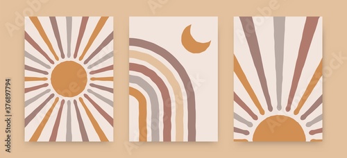 Abstract sun rainbow posters. Boho contemporary backgrounds, beige covers trendy mid century style. Geometric vector wall decor
