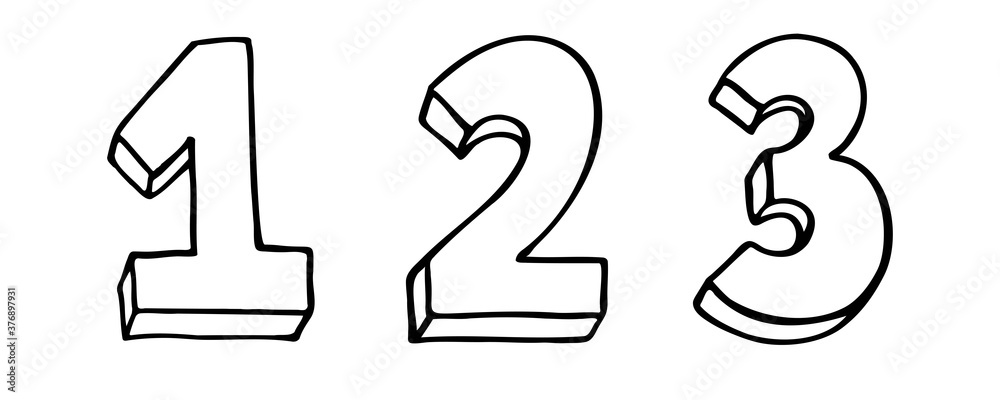 Set of Numbers 1 2 3. Sign number, Concept top winner success. Hand drown vector doodle one two three isolated on white background. Black contour lettering. 1-2-3 badges set Set of Numbers 1 2 3. Sign number, Concept top winner success. Hand drown vector doodle one two three isolated on white background. Black contour lettering. 1-2-3 badges set