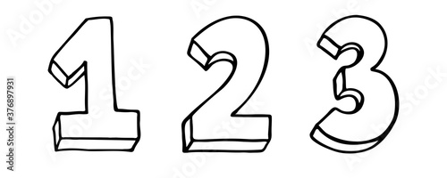 Set of Numbers 1 2 3. Sign number, Concept top winner success. Hand drown vector doodle one two three isolated on white background. Black contour lettering. 1-2-3 badges set