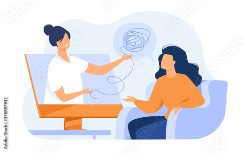 Woman consulting psychologist online. Doctor and patient discussing mental tangled rope, using computer for distance talk. Vector illustration for counseling, therapy, psychology, support concept.