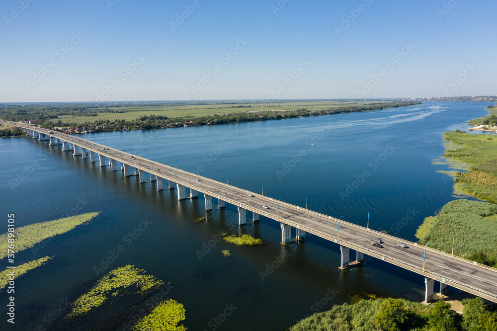 The Antonovsky bridge in Kherson city aerial view.