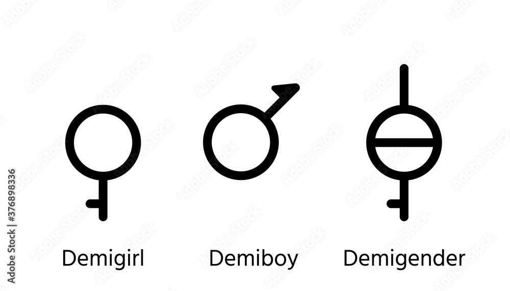 Demiboy, demigirl and demigender gender symbols. Vector. Set of