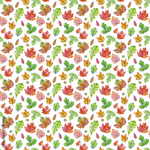 Seamless pattern watercolor leaves autumn pattern on isolated background.
