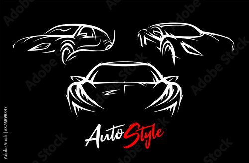 Concept sports car silhouettes vector set. Performance motor vehicle illustrations. Supercars sign. Auto style dealer transport graphic.