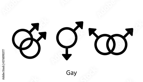 Gay gender symbols. Vector. Homosexual orientation signs. Set outline black icons isolated on white background. Simple illustration. Sexual concept.