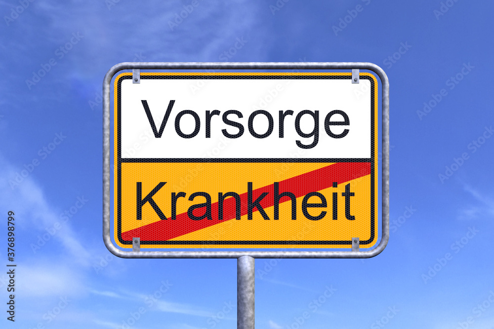 3d Illustration - Ortsschild - Ortstafel - Vorsorge - Krankheit - Himmel - Wolken