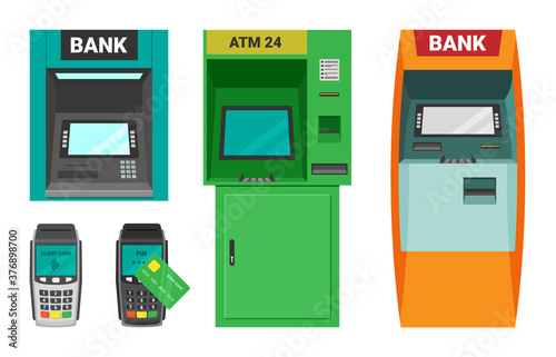 ATM machine and cash terminal set. Device for accepting dispensing cash transactional card payments electronic credit finance web payments in shops and supermarkets. Commercial vector.