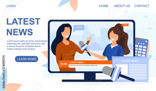Latest news concept. A TV screen or computer monitor in which a female reporter interviewing a participant in recent events. Web page template. Flat vector illustration.