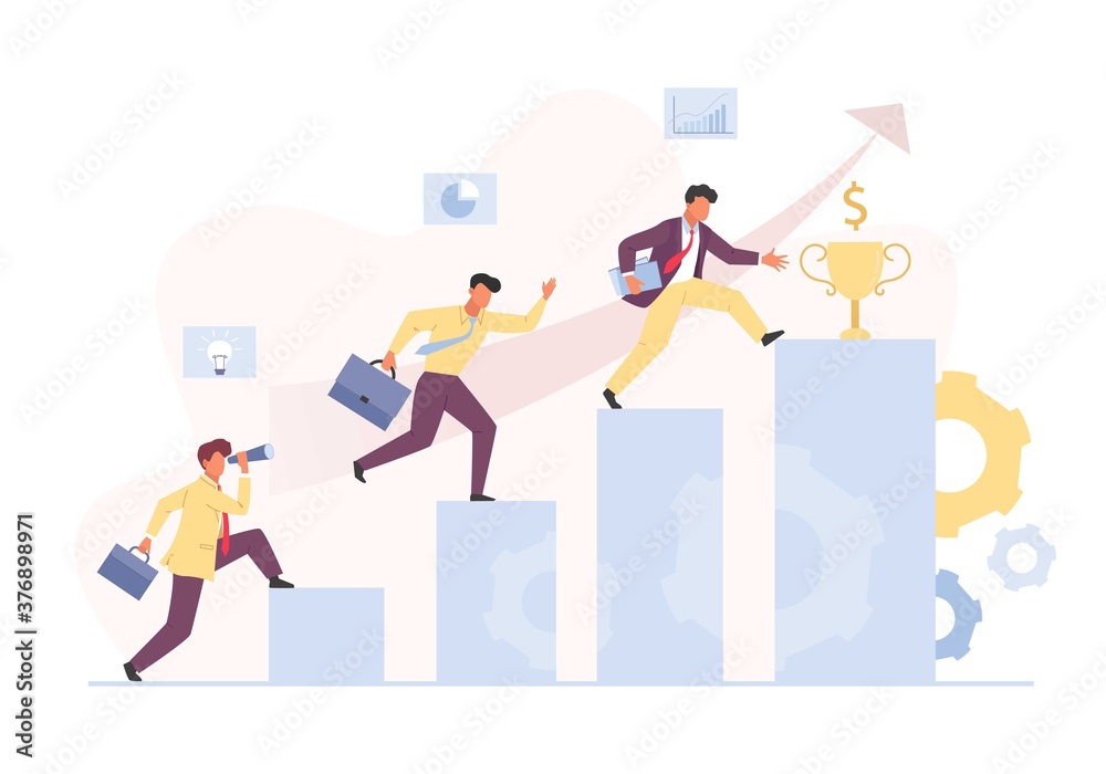 Career rise to financial success concept. Character manager is gradually growing from an ordinary employee to head of company profit chart to main monetary prize. Flat vector ambition.