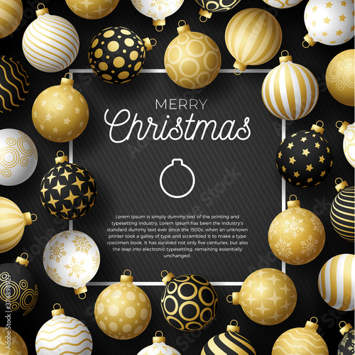 Luxury Christmas sale square banner. Christmas card with ornate black, gold and white realistic balls on black modern background. Vector illustration. Place for your text