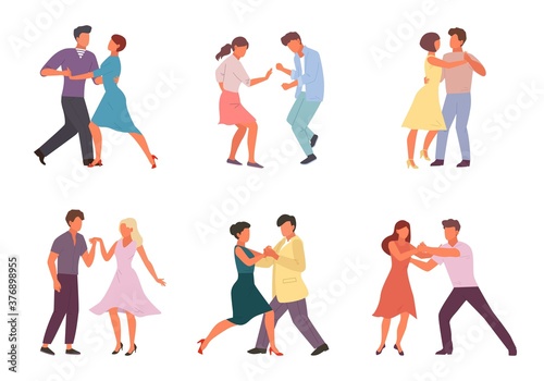 People dancing in pairs set. Stylish male and female characters perform incendiary tango guy girl in rhythm of salsa woman with man circle of passionate cuban rumba. Cartoon vector art.